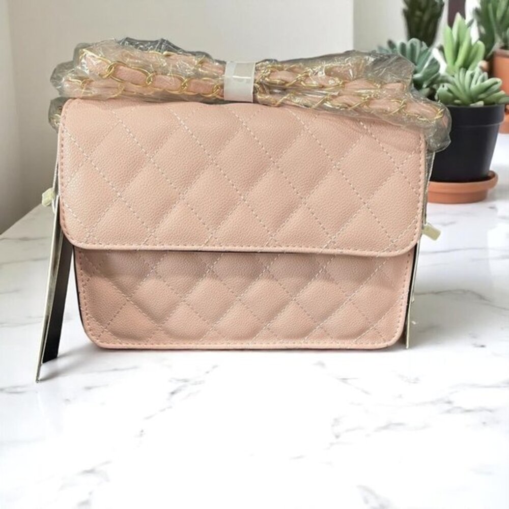Isabelle Blush Pink Vegan Quilted Crossbody Bag Wallet Set Chain Strap Trendy‎